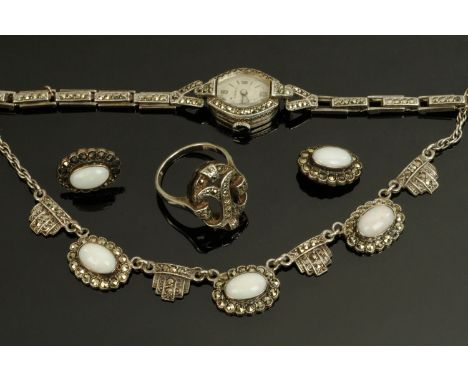 A marcasite cocktail watch, an opal marcasite necklace and earrings and ring. 