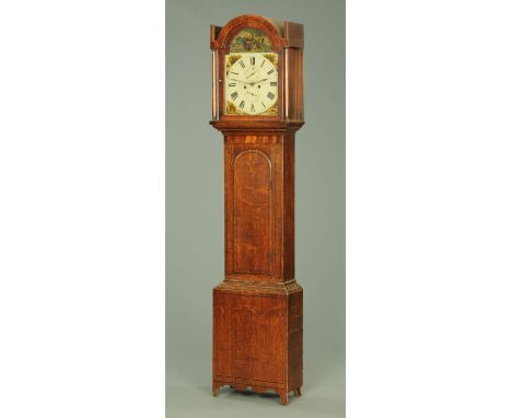 An early 19th century oak mahogany banded longcase clock, with painted dial and eight day movement marked "Sessford, Newcastl