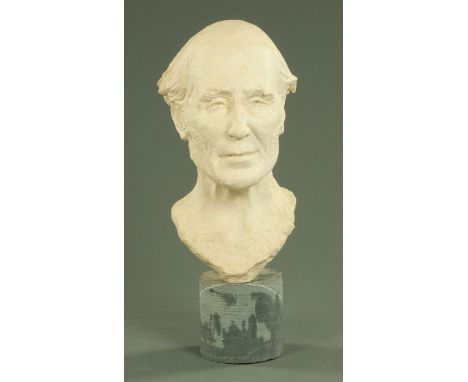 Meryll Evans, a plaster portrait bust of an elderly gentleman raised on a cylindrical slate plinth.  Height 56 cm. 