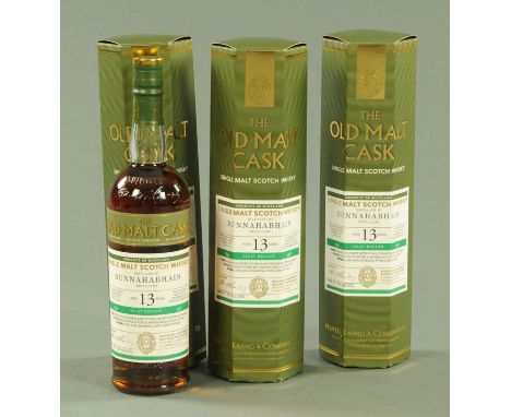 Three bottles of Bunnahabhain single malt Scotch whisky, "The Old Malt Cask", Hunter Laing & Company Limited, each in box.