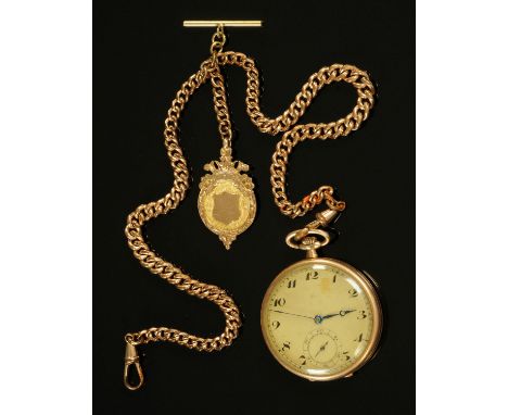 A 9 ct gold cased pocket watch, London import mark for 1923, knob wind, Roman numerals and subsidiary seconds dial, together 