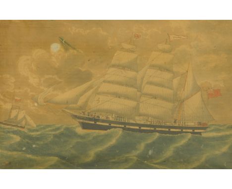 A 19th century lithograph of the Merchant Navy vessel Colima, off Workington, Cumberland, meeting pilot boat No. 3, 43.3 cm x