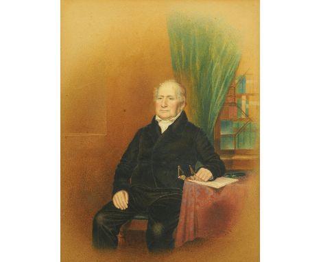 English School, 19th century, three quarter length portrait of a seated gentleman, unsigned, watercolour, 29 cm x 22.5 cm.