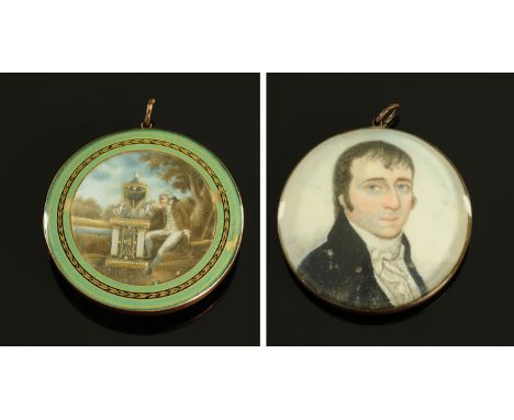 An early 19th century portrait miniature, gentleman in frock coat and with further well painted miniature of a rural scene ve
