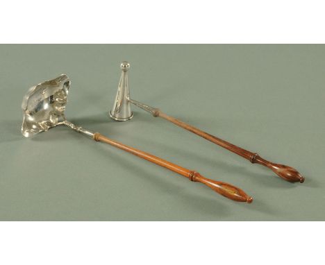 A silver candle snuffer, London 1971, with turned handle, and a silver double lipped toddy ladle, London 1973, with turned wo