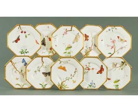 A set of ten Royal Worcester handpainted lepidoptery dessert plates, date code for 1874, each of octagonal form and decorated