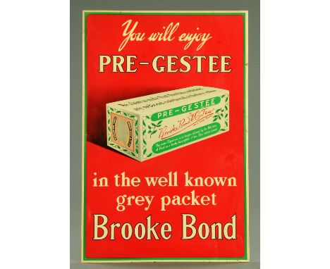 A colour lithograph tin sheet advertising sign, "you will enjoy Pre-Gestee in the well known grey packet, Brook Bond", produc