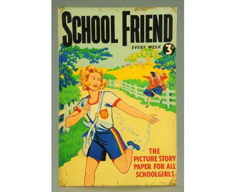 A colour lithograph tin advertising sign for School Friend, the picture story paper for all school girls, manufactured by the