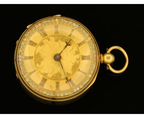 An 18 ct gold cased open faced pocket watch, the case by Ralph Samuel, Chester 1853, having an engraved dial with Roman numer