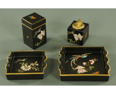 A Carltonware smokers companion set, comprising two ashtrays, lighter and cigarette box, decorated in enamel colours with bir