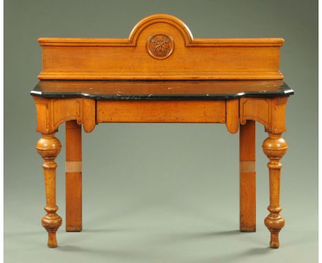 A Victorian oak console table, with rear upstand and marble top, fitted with a frieze drawer and raised on turned legs.  Widt