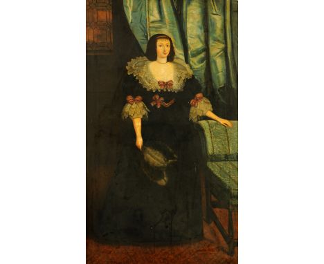 A 19th century oil on canvas, portrait of a lady standing by a chair.  100 cm x 59 cm.