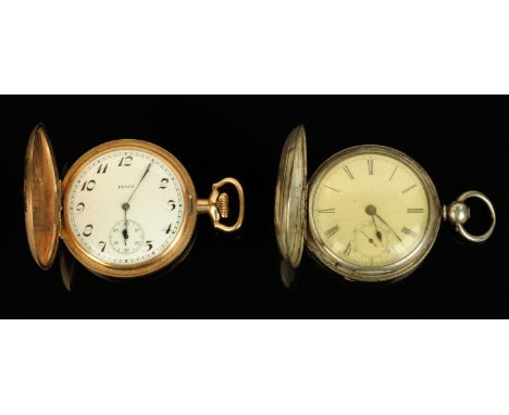 An Elgin pocket watch, full Hunter, with Arabic numerals and subsidiary seconds dial, knob wind and with engine turned foliat
