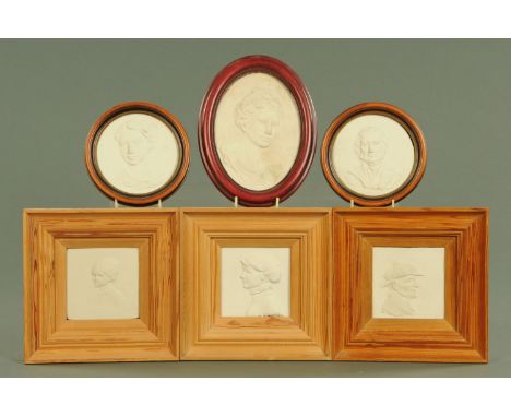 Meryll Evans, six cast resin plaques, portrait busts.  Largest 17 cm x 13 cm. 