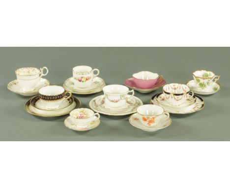 Four English porcelain trios, five Continental and English cabinet cups and saucers. CONDITION REPORT: The pink quatrefoil sh