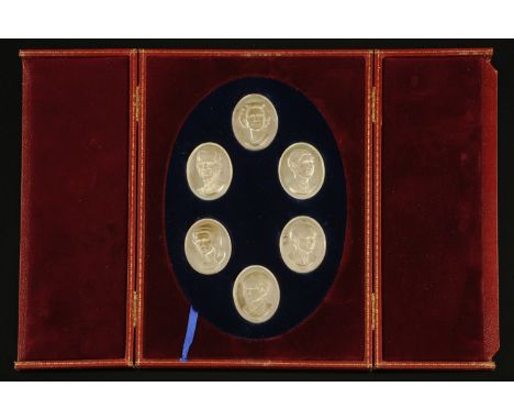 A set of six silver proof oval portrait medallions of The Royal Family, John Pinches, London 1972, each with inscribed names 