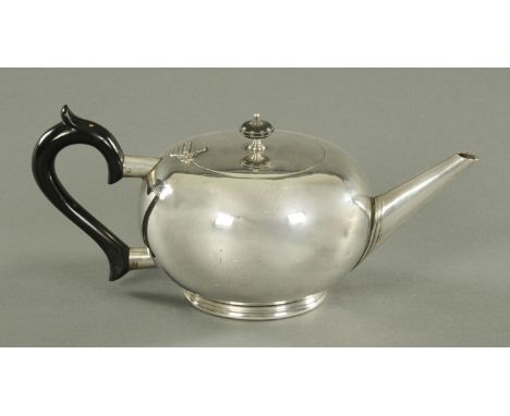 A silver teapot, William Hutton and Sons Ltd, Sheffield 1936, of compressed globular form with straight spout with turned ebo