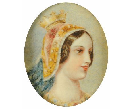 A 19th century portrait miniature on ivory, oval, female figure wearing a headdress, 7.5 cm x 6 cm in gilt frame. CONDITION R