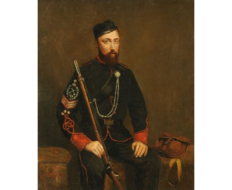 Oil painting on canvas, portrait of a soldier seated and holding a musket, 61 cm x 51 cm, unframed.