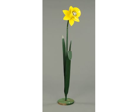 A painted metal lamp standard, in the form of a daffodil. CONDITION REPORT: The lamp has an articulated neck that when put st