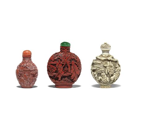 TWO CINNABAR LACQUER CARVED SNUFF BOTTLES AND AN IVORY CARVED SNUFF BOTTLEThe first lacquer bottle, 18th/19th century, with f