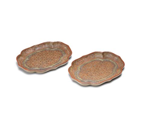 A RARE PAIR OF QIANGJIN AND TIANQI LACQUER QUATRELOBED TRAYSQianlongEach tray finely incised and painted in the qiangjin and 