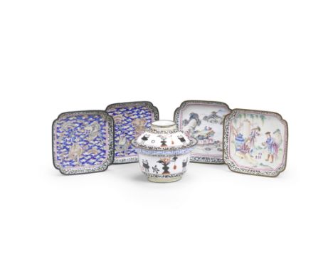 A GROUP OF PAINTED ENAMEL WARES18th centuryComprising: an unusual pair of canted square painted enamel 'dragon' trays, with p