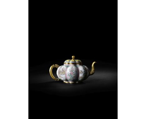 AN EXCEPTIONALLY RARE AND IMPORTANT IMPERIAL BEIJING ENAMEL MELON-SHAPED TEAPOT AND COVERQianlong blue enamel four-character 