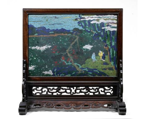 A FINE AND RARE CLOISONNÉ ENAMEL SCREEN AND STANDThe screen first half 17th century, the hardwood frame and stand 18th/19th c