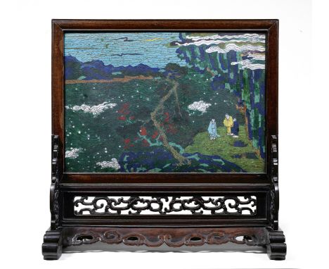 A FINE AND RARE CLOISONNÉ ENAMEL SCREEN AND STANDThe screen first half 17th century, the hardwood frame and stand 18th/19th c