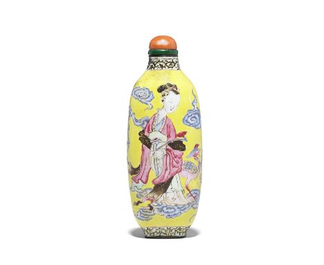 A VERY RARE IMPERIAL-TRIBUTE PAINTED ENAMEL YELLOW-GROUND SNUFF BOTTLEYongzheng four-character mark and of the periodExquisit