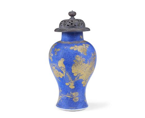 A POWDER-BLUE GILT-DECORATED BALUSTER VASEKangxiCovered in a lustrous dark-blue glaze, finely decorated around the exterior i