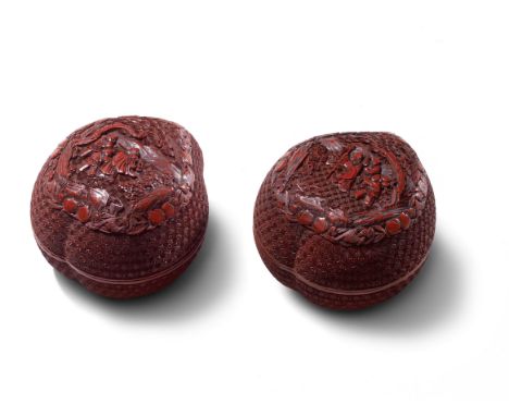 A PAIR OF CINNABAR LACQUER CARVED PEACH-SHAPED 'DAOIST IMMORTALS' BOXES AND COVERSQianlongThe covers variously depicting Shou