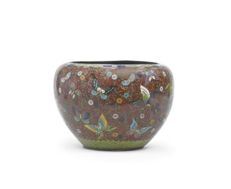 A LARGE JAPANESE CLOISONNÉ ENAMEL JARDINIÉREMeiji PeriodBrightly enamelled around the exterior with butterflies against a shi