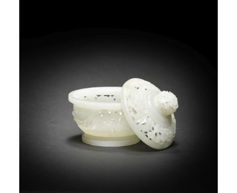 A FINE WHITE JADE RETICULATED INCENSE BURNER AND COVERQianlongExquisitely carved and pierced in openwork with a dense profusi
