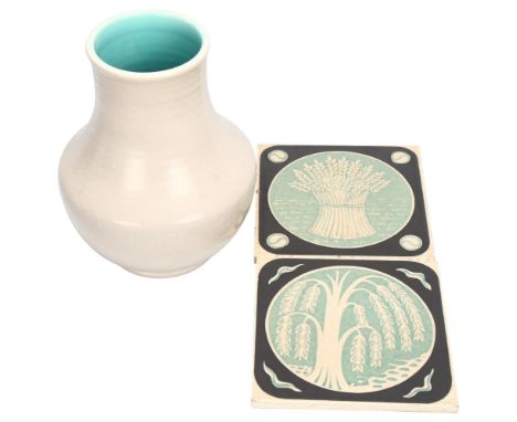 2 1950's Carter, England tiles, together with a Poole pottery two-tone vase, tiles 15cm sqAll in good condition, wheatsheaf t