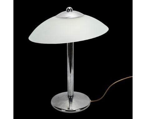 A mid-century UFO/ Umbrella table lamp, steel with frosted glass shade, height 46cmGood condition, some signs of wear commens