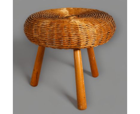 A Tony Paul 1960s' wickers stool / ottoman on beech tripod frame, height 43cm, diameter 45cmGood vintage condition, surface w