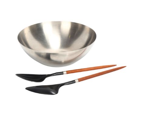 A pair of mid-century stylised Danish salad servers with teak handles, marked Denmark to handles and an Old Hall stainless st