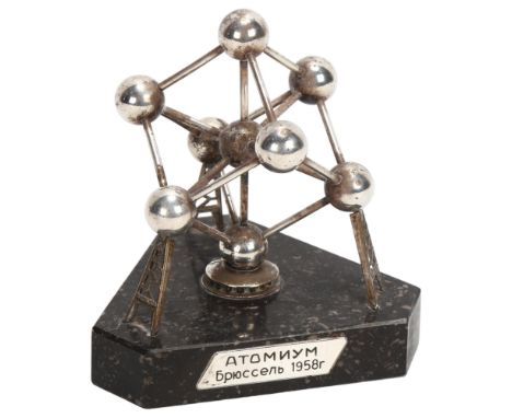 A silver model of the Brussels Atomium building, designed for the 1958 Exposition, Russian hallmarks and plaque, on marble ba