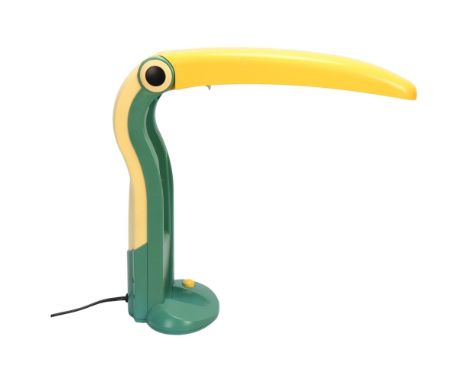 HT Huang for Huangslite, a 1980s' novelty toucan pattern folding table lamp, in yellow and green plastic, closed height  34.5