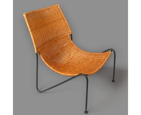 A mid-century rattan lounge chair on hairpin iron frame in the manner of Frederick Weinberg, height 81cmGood vintage conditio