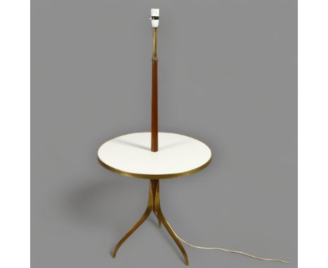 A 1950s'/60s' floor lamp with integrated melamine top table, with tri-pod brass legs, heightGood original condition, some sig