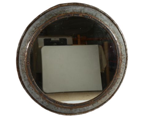 A large vintage hand made steel framed round mirror, diameter 90cmGood condition, distressed look to frame but good structura