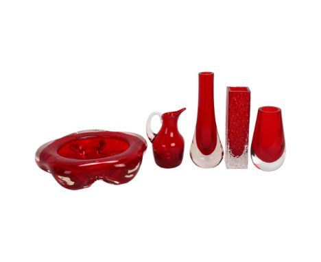 5 pieces of Whitefriars Ruby Red glass, including a Nailhead vase by Geoffrey Baxter, tallest 20.5cmGood condition no chips o