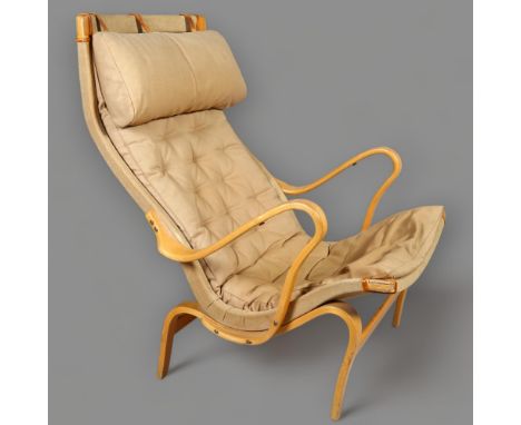 A Bruno Mathsson Pernilla 2 lounge chair in moulded beech with canvas cover, designed 1944, signed Bruno Mattsson and DUX to 
