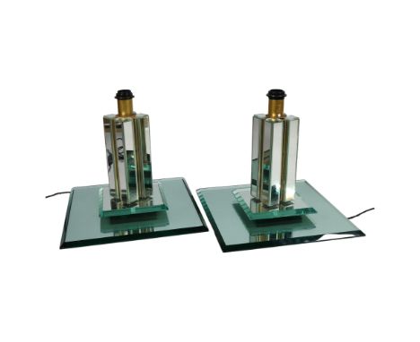 A pair of vintage Hollywood regency style side lamps, mirror glass around brass stem and ebonised base, 41cm sq, height 40cmR