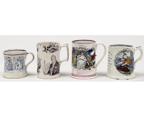 William IV and Queen Adelaide. A Coronation commemorative purple printed white earthenware mug, 1831,&nbsp;a waisted earthenw