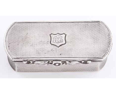 A Victorian silver snuff box, with waisted sides and rounded ends, engine turned, foliate chased thumbpiece, 40 x 92mm, by Ra