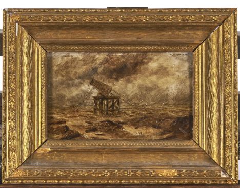 British School, mid 19th c - The Raising of a Lighthouse, signed S De Witt, oil on academy board, 13 x 22cm and 19th c copyis